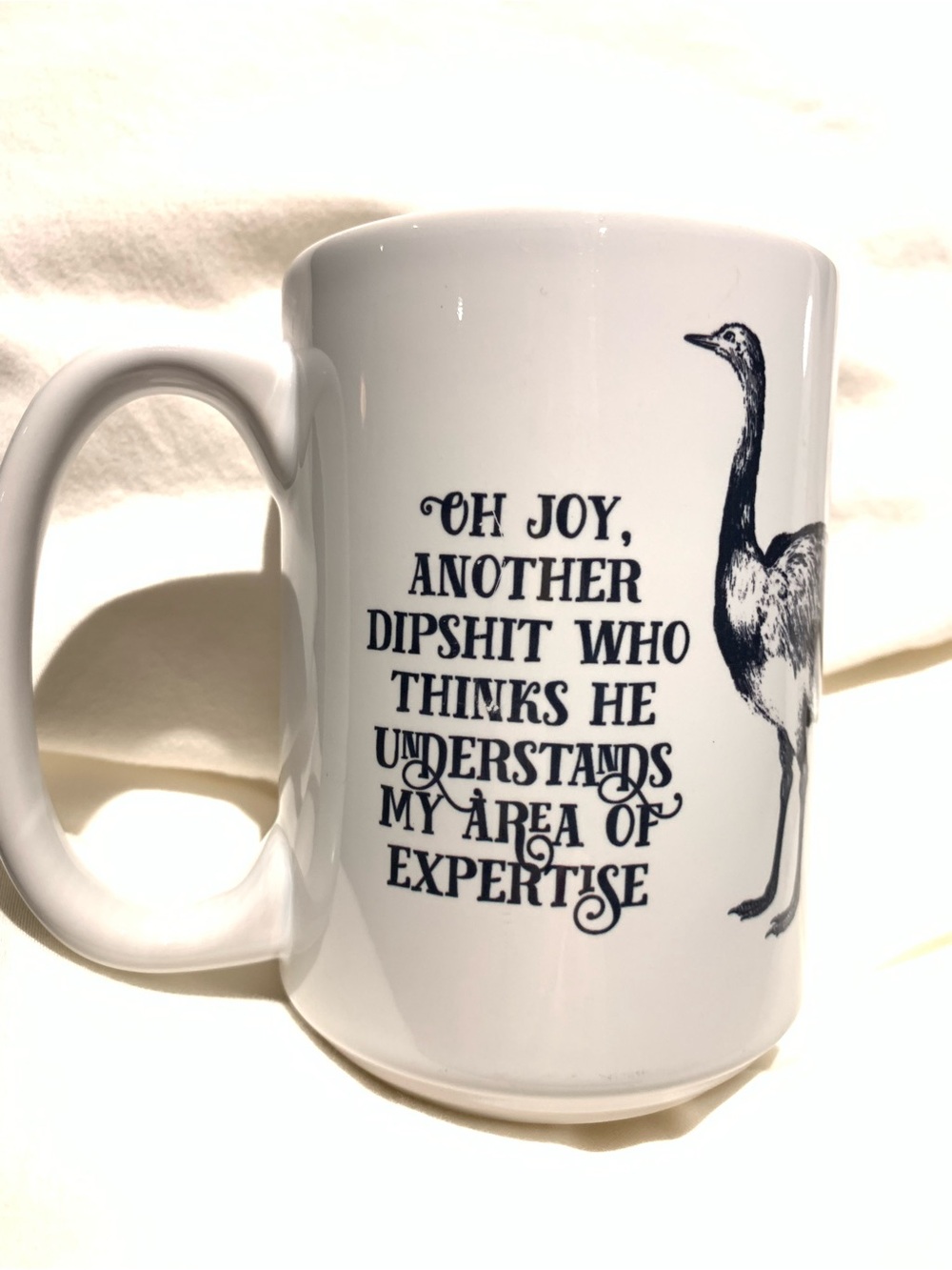 White Ceramic Crude Humor Novelty Mug with Black Illustration and Quote